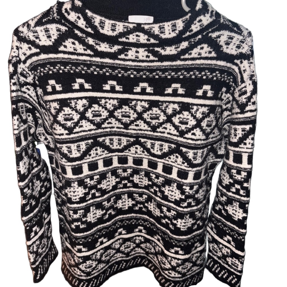 J. Jill Pullover Sweater Black & White Knit Aztec Soft Wool Blend Size S